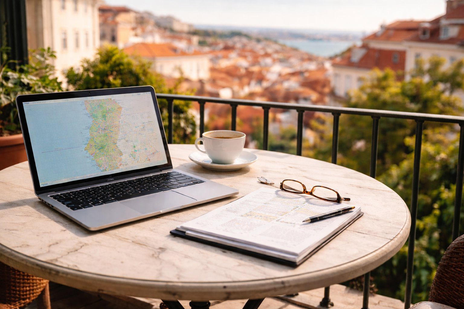Laptop with Portugal map on a balcony table overlooking terracotta rooftops and the Tagus river