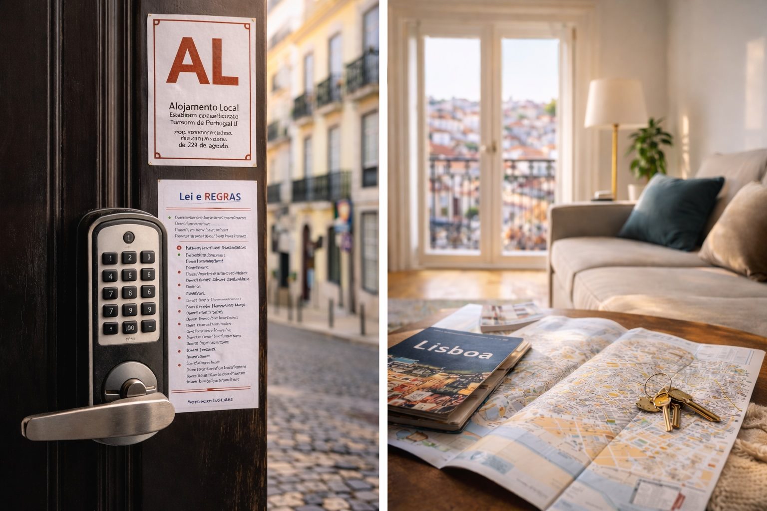 Alojamento Local licence plate on a Lisbon apartment door, alongside a Lisbon city map and keys