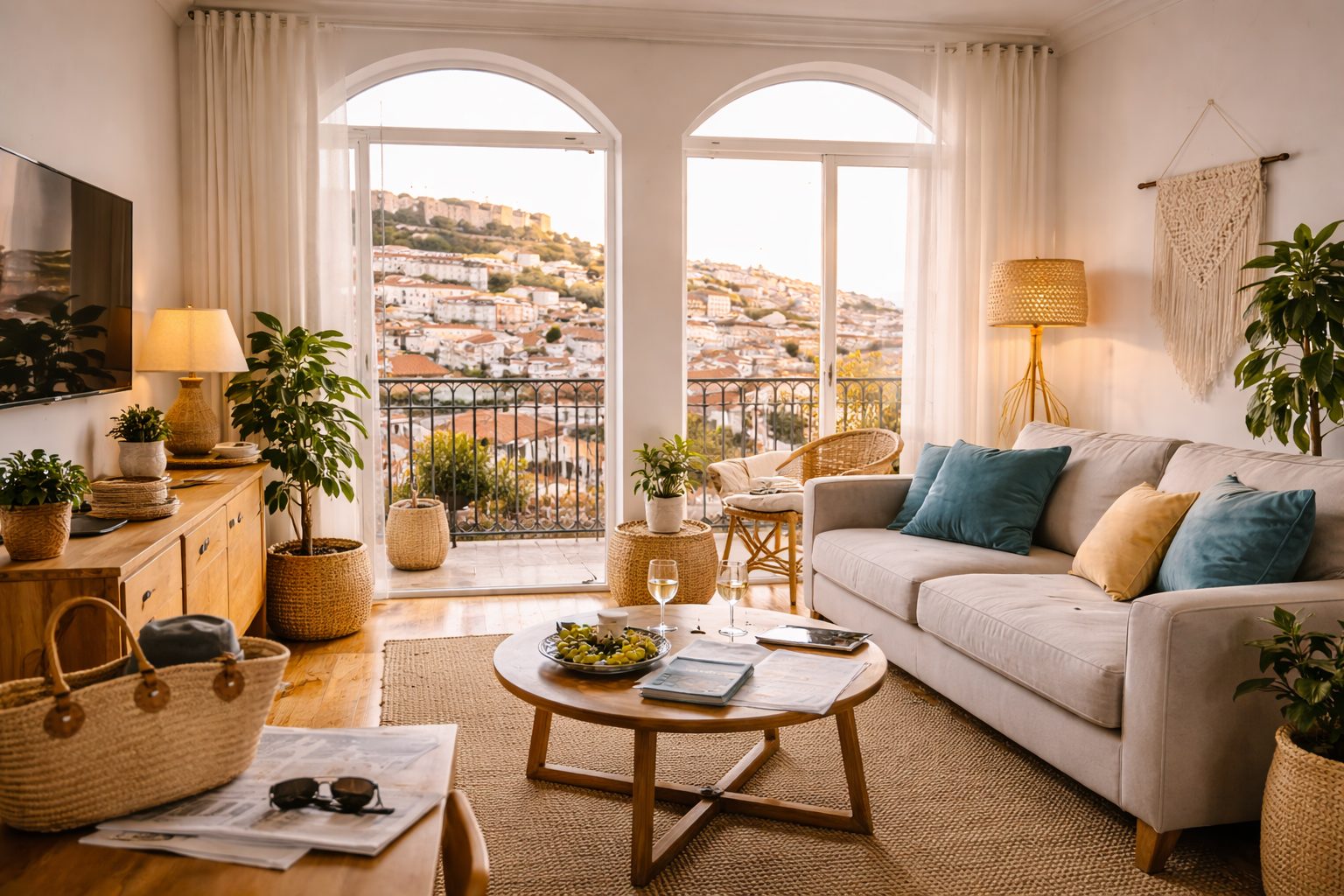 Bright, well-styled Portuguese living room with arched windows and city views &mdash; the kind of short-term rental that commands premium rates