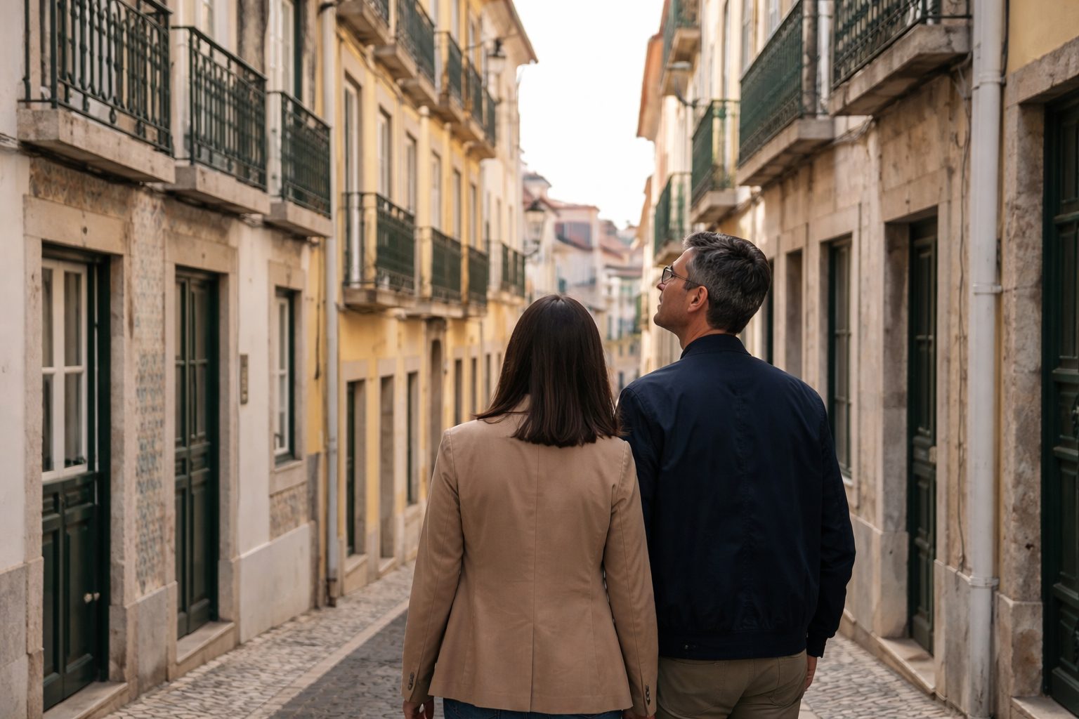 International couple walking down a quiet Lisbon street, exploring neighbourhoods before a property purchase