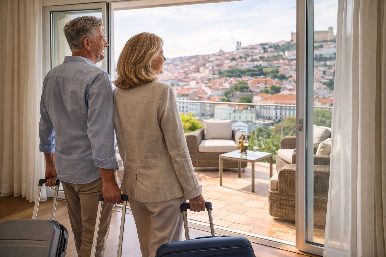 Couple arriving at their new Portuguese home with luggage, looking out over Lisbon rooftops