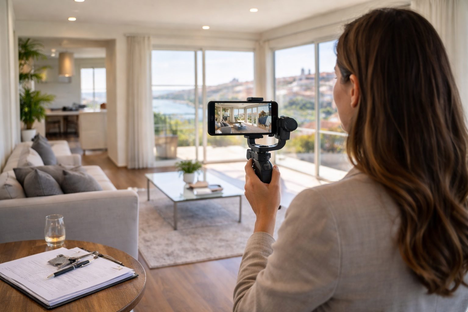 Buyer's agent conducting a live video walkthrough of a Portuguese property for a remote client