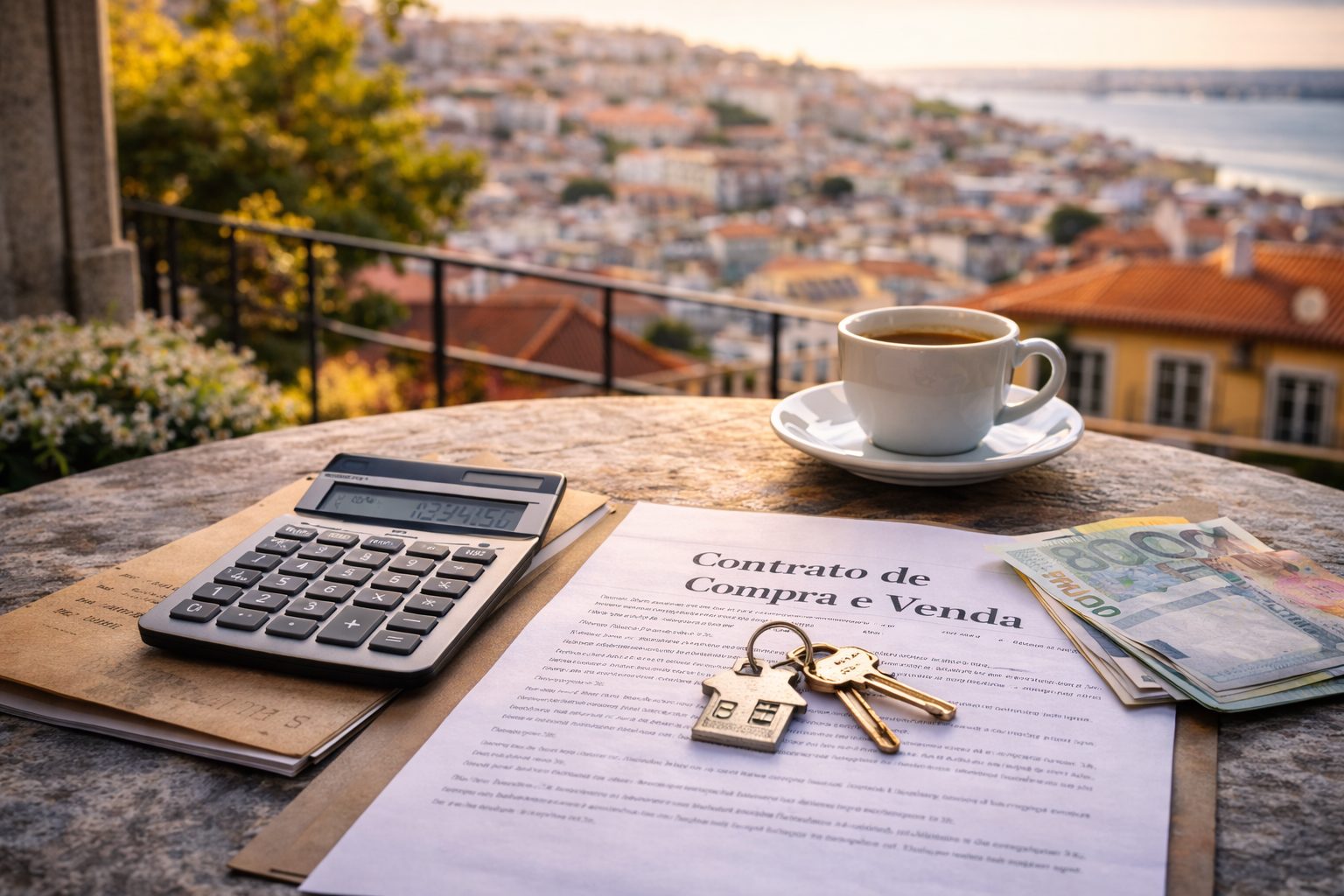 Portuguese property purchase contract, keys and calculator on a terrace overlooking Lisbon at sunset
