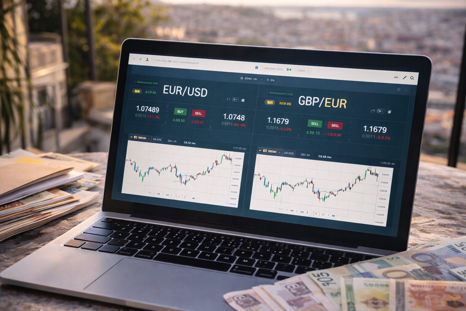 Laptop showing EUR/USD and GBP/EUR exchange rate charts on a terrace overlooking a Portuguese city at sunset