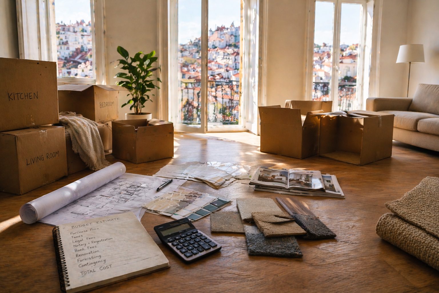 Notebook with a handwritten list of hidden costs when buying property in Portugal