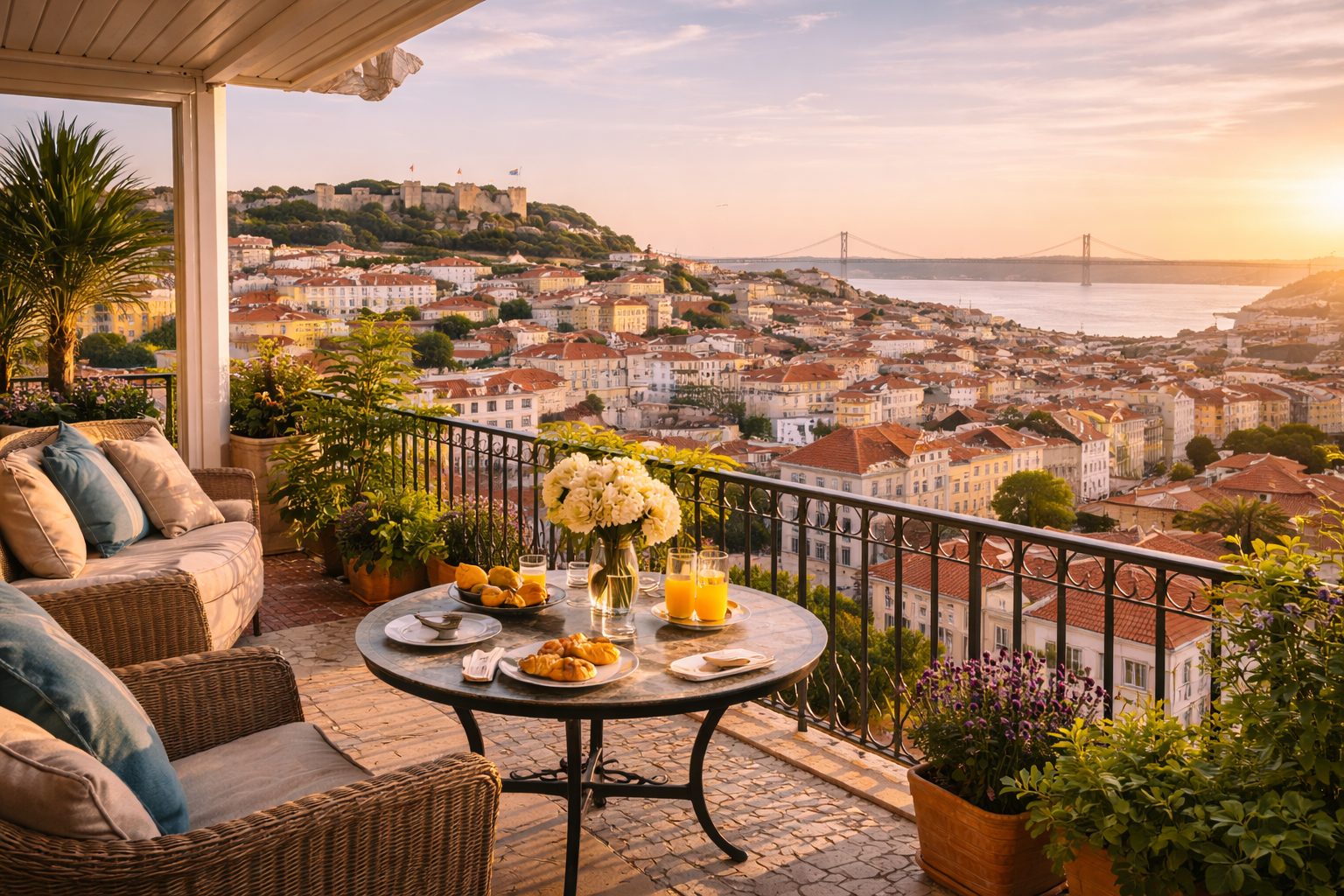 Golden-hour view of Lisbon from a terrace overlooking S&atilde;o Jorge Castle and the 25 de Abril bridge
