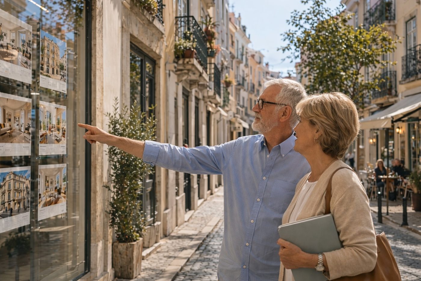 Elegant traditional Portuguese building entrance with azulejo tiling and curved wooden staircase &mdash; the building matters as much as the apartment