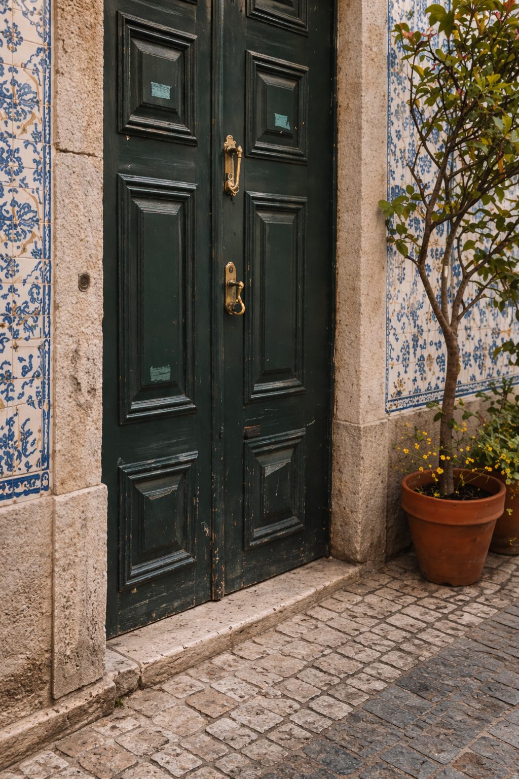 International couple reviewing property listings in a Lisbon estate agency window