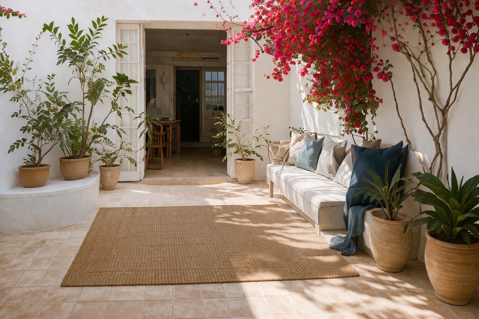 Traditional Portuguese courtyard with bougainvillea and tiled floors &mdash; the kind of character resale property offers that new build rarely replicates