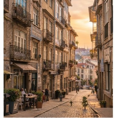 Bonfim district street in Porto with character buildings at sunset