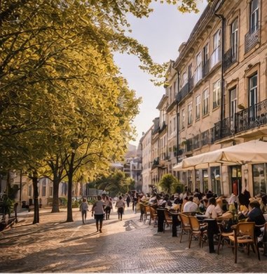 Cedofeita street in Porto with outdoor caf&eacute;s and leafy trees