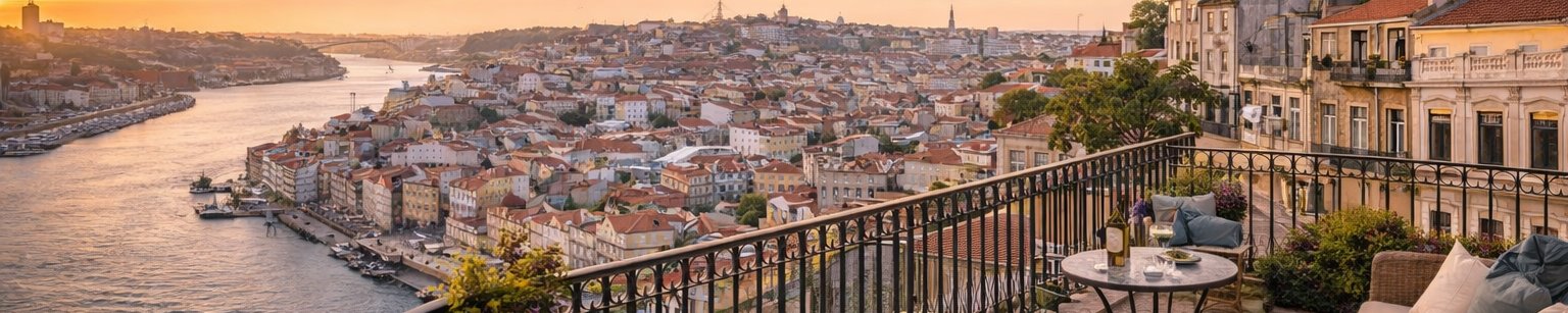 Panoramic view of Porto&rsquo;s Douro river and historic rooftops from a terrace at sunset