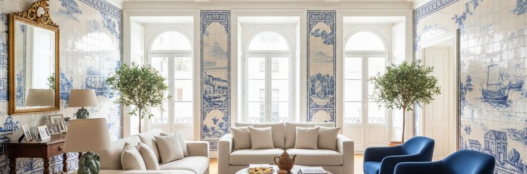 A bright Lisbon living room lined with blue-and-white Portuguese azulejo tiles, with arched windows and contemporary seating