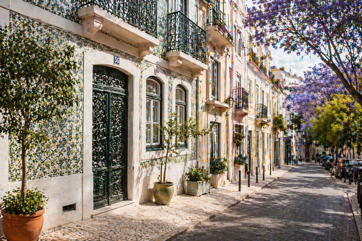 Lisbon street with traditional azulejo tile facades